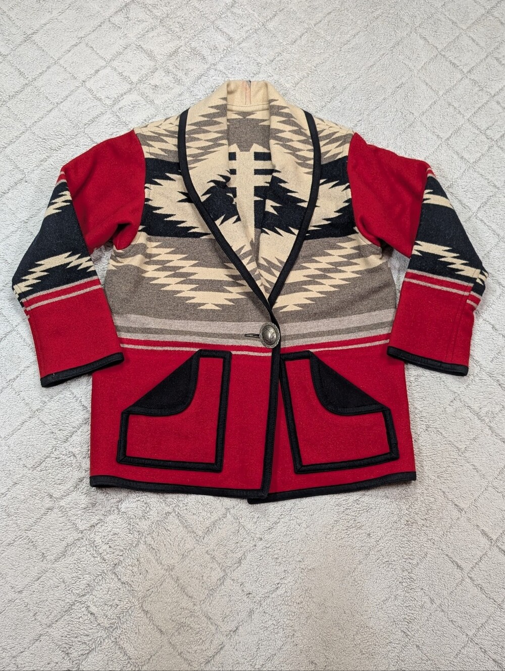 Vintage Aztec Jacket Womens XL Black Red Wool Reversible Southwestern BlanketG